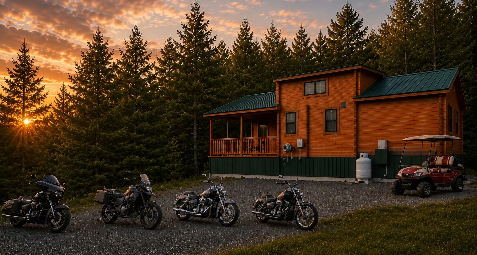 ODBP Adventures cabin with motorcycles and golf cart at sunset
